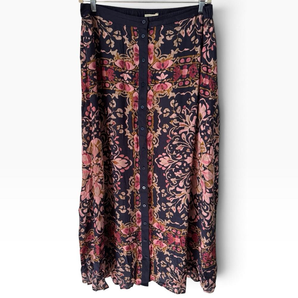 NWT Natural Life Navy Blue Pink Floral Button Front Maxi Skirt Size XL